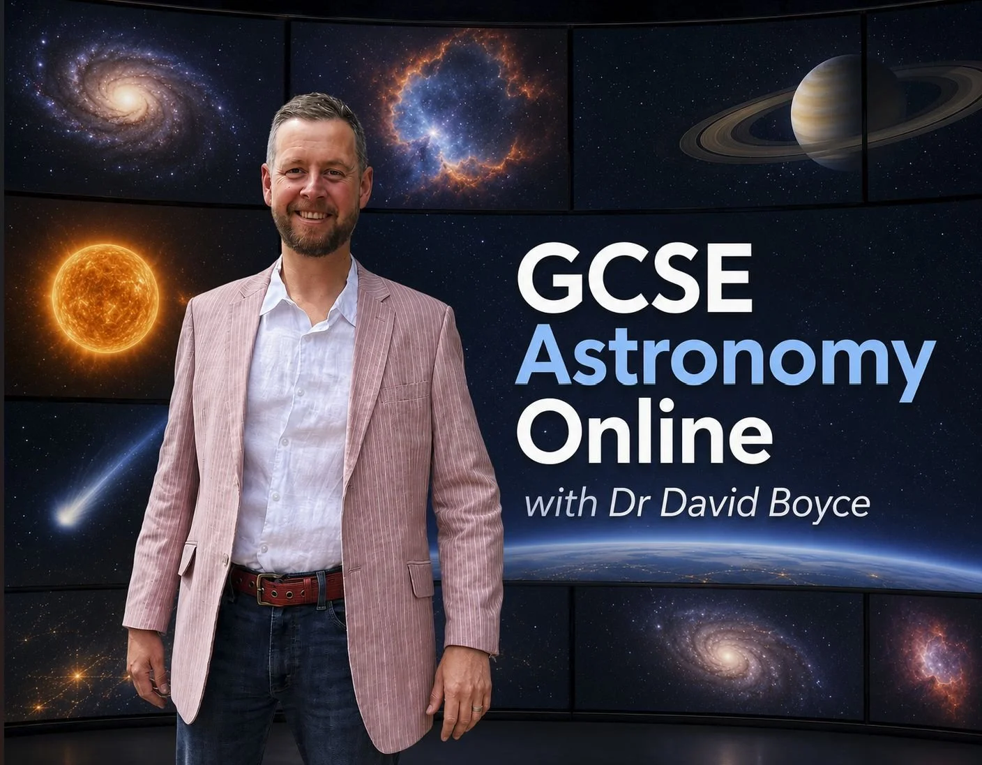 Dr David Boyce standing in front of GCSE Astronomy Online course visuals with planets, stars, and space imagery.