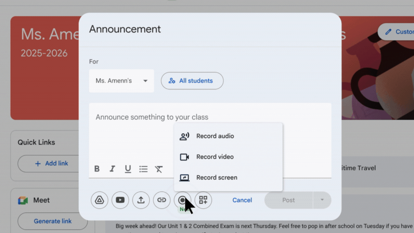 Google Classroom adds built-in audio, video, and screencast recording
