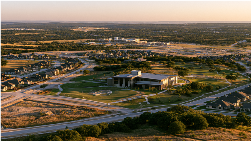 Aerial view of a master-planned community in Kyle, Texas, showing residential development, open green space, roads, and a newly built school campus.
