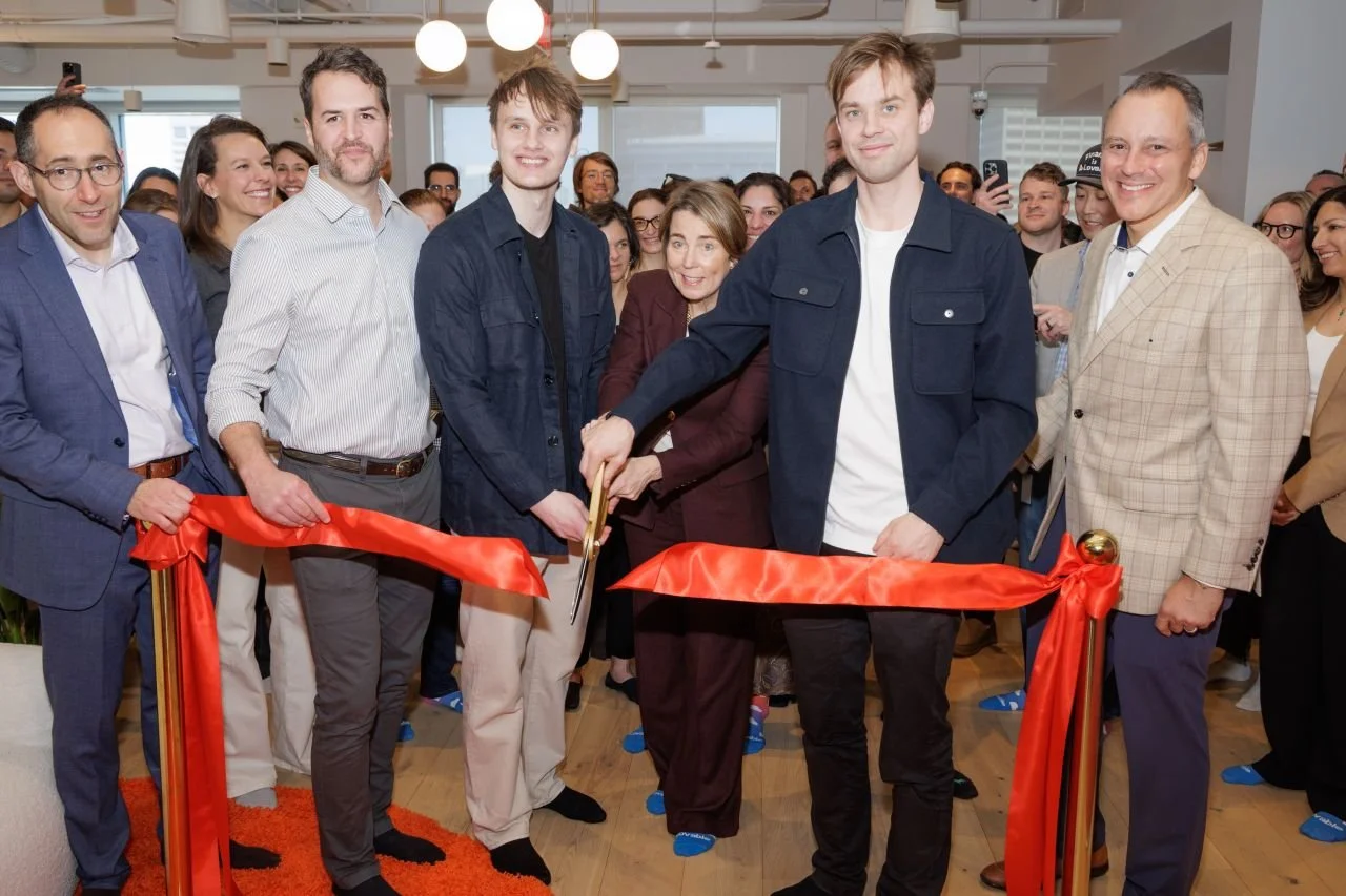 Anton Osika, Co-Founder of Lovable, joins Massachusetts Governor Maura Healey and team members at the ribbon cutting ceremony for Lovable's first US office in Boston