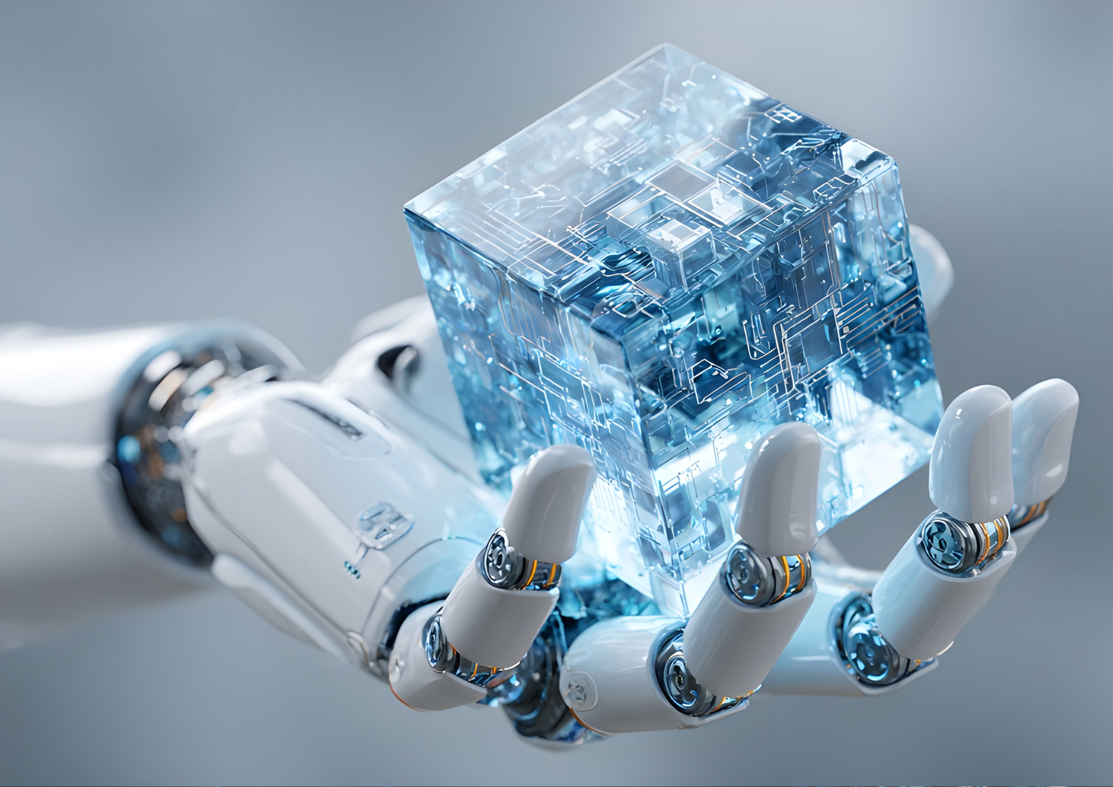 Robotic hand holding a transparent circuit-filled cube, representing AI-driven scientific research and the launch of OpenAI's GPT-Rosalind model