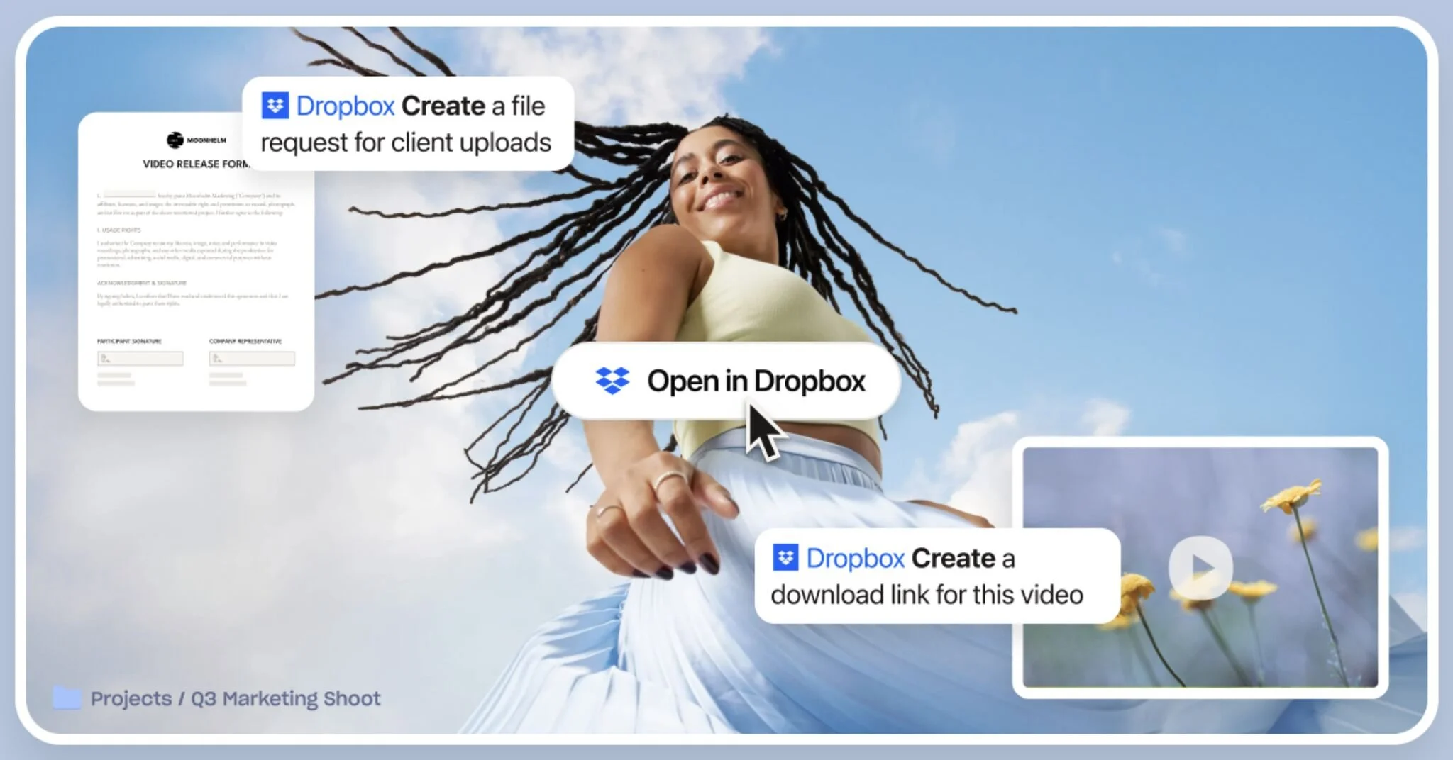 Promotional graphic showing Dropbox workflow prompts inside an OpenAI-style interface, including options to create a file request for client uploads, open content in Dropbox and create a download link for a video.