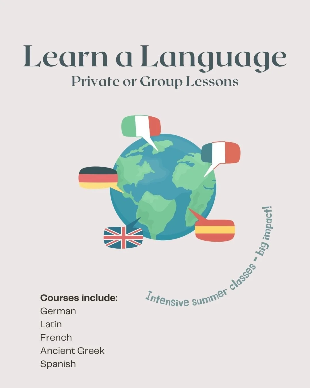Summer holidays are a great time to learn a language, whether picking up a little vocab ahead of a European holiday, or polishing skills to keep the brain sharp. 

We have bespoke language courses available in German, Latin, French, Ancient Greek and