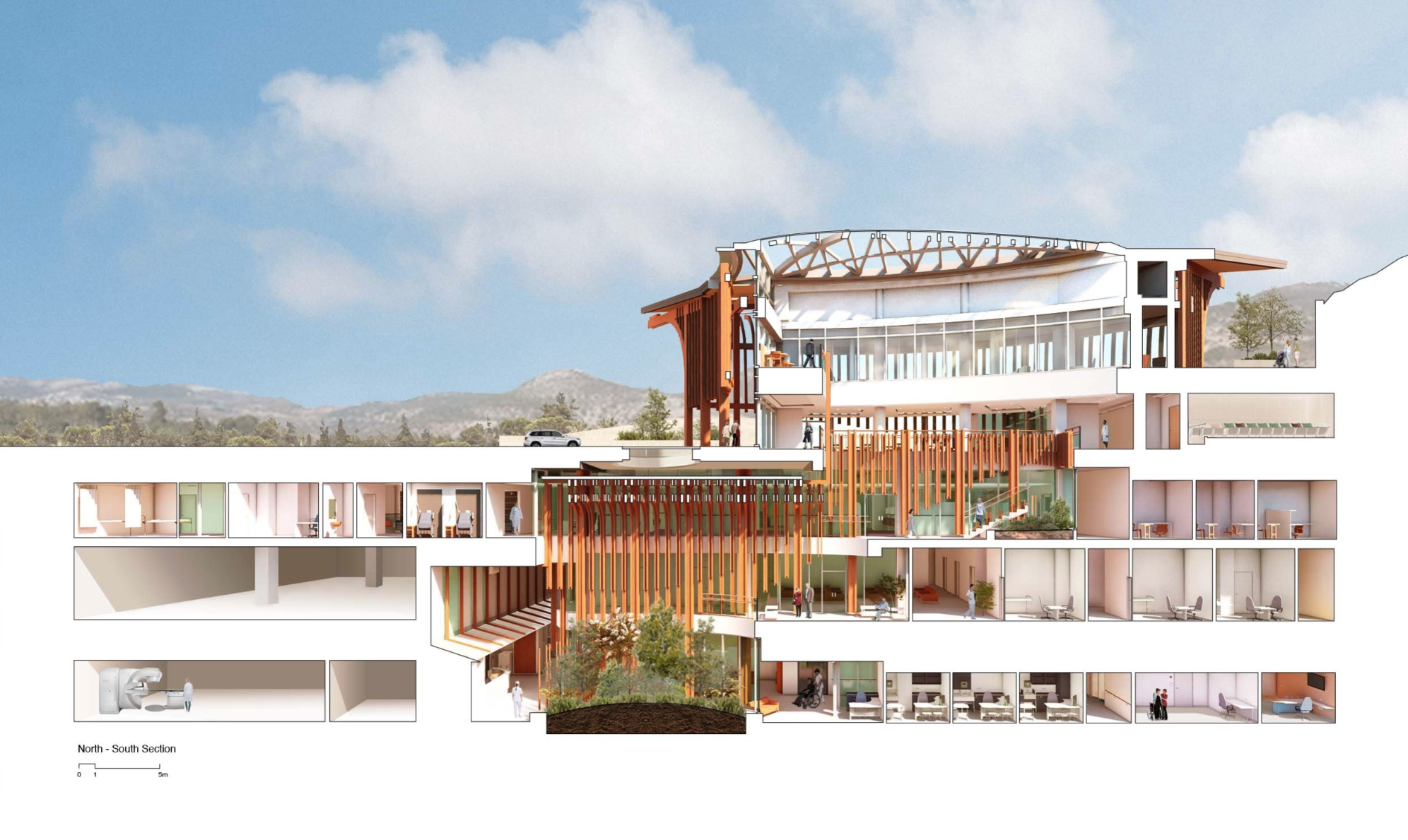 Architectural section of the Helmsley Cancer Center revealing internal layouts, including patient rooms, communal areas, and multi-level structural design with a central atrium.