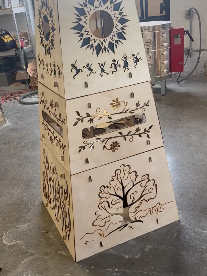 The Offering -28&rdquo; x 28&rdquo; x70&rdquo; Laser-cut birch plywood.

This effigy was created for an ecstatic dance summer Solstice event. The piece was built as an offering to the sun, featuring the 4 major elements, dancing, and an interactive c
