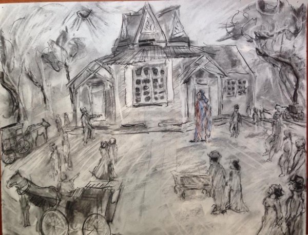 OPERA 1854 - Zeitz was commissioned to do five drawings in charcoal to depict scenes from a new opera being developed about abolition on Martha's Vineyard. Each is 14" x 17". This first ones shows the townspeople gathering for town meeting at Union C