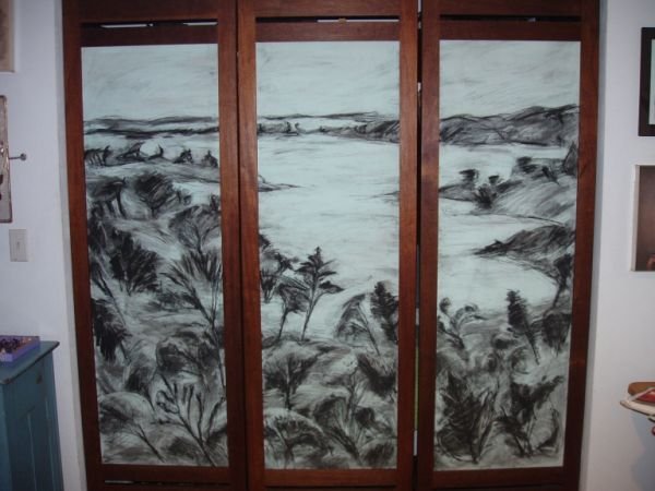 CLOSET DOORS - These closet doors were built for the artists home, called "The Water View I Can't Afford". They are charcoal on gessoed board. The frames are mahogany. This use of drawing can be utilized in many situations, like room dividers.