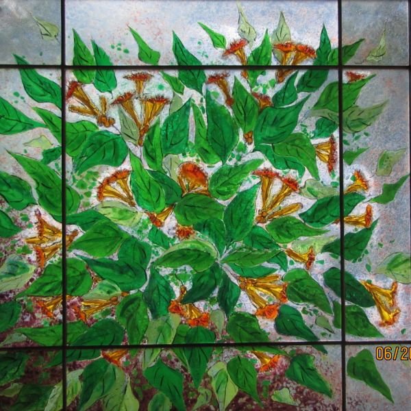 Trumpet Vine Window - This fused and leaded stained glass window uses techniques Zeitz has developed over 30 years. Drawing and painting with metal oxides under the stained glass layer give a very painterly effect. Enamels are used to give a more opa
