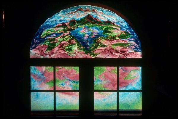 This Glass landscape resides in a private residence in Bermuda. It is made from fused and bonded stained glass and measures 58" x 58", 1984