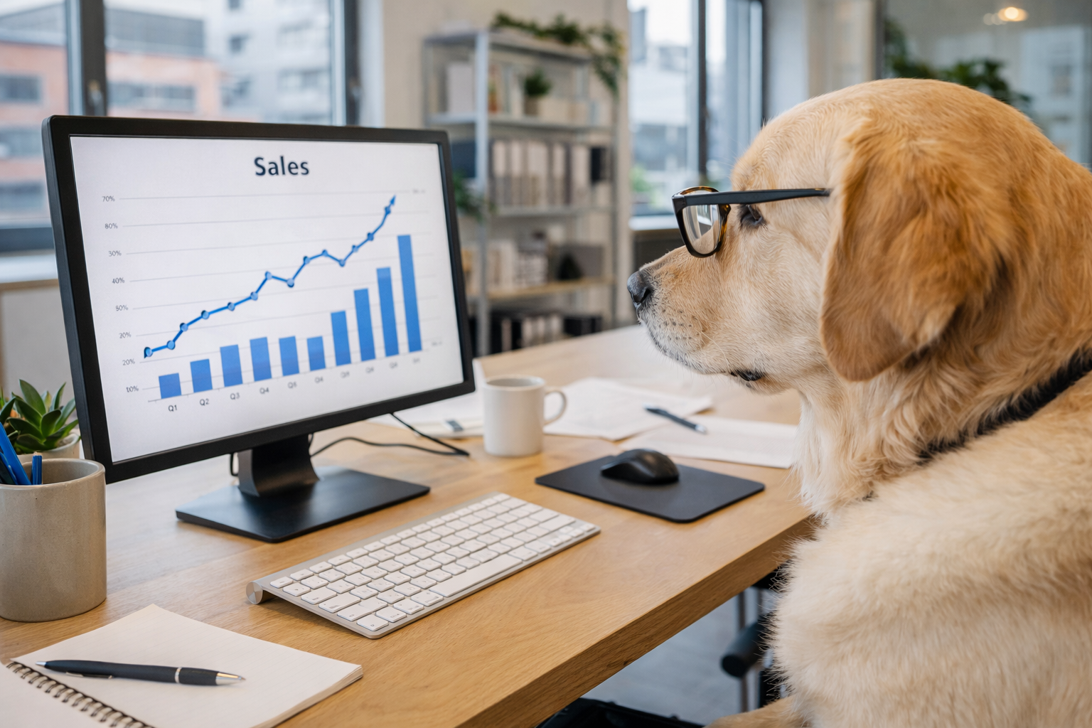 Hund mit Brille als Mitarbeiter dargestellt