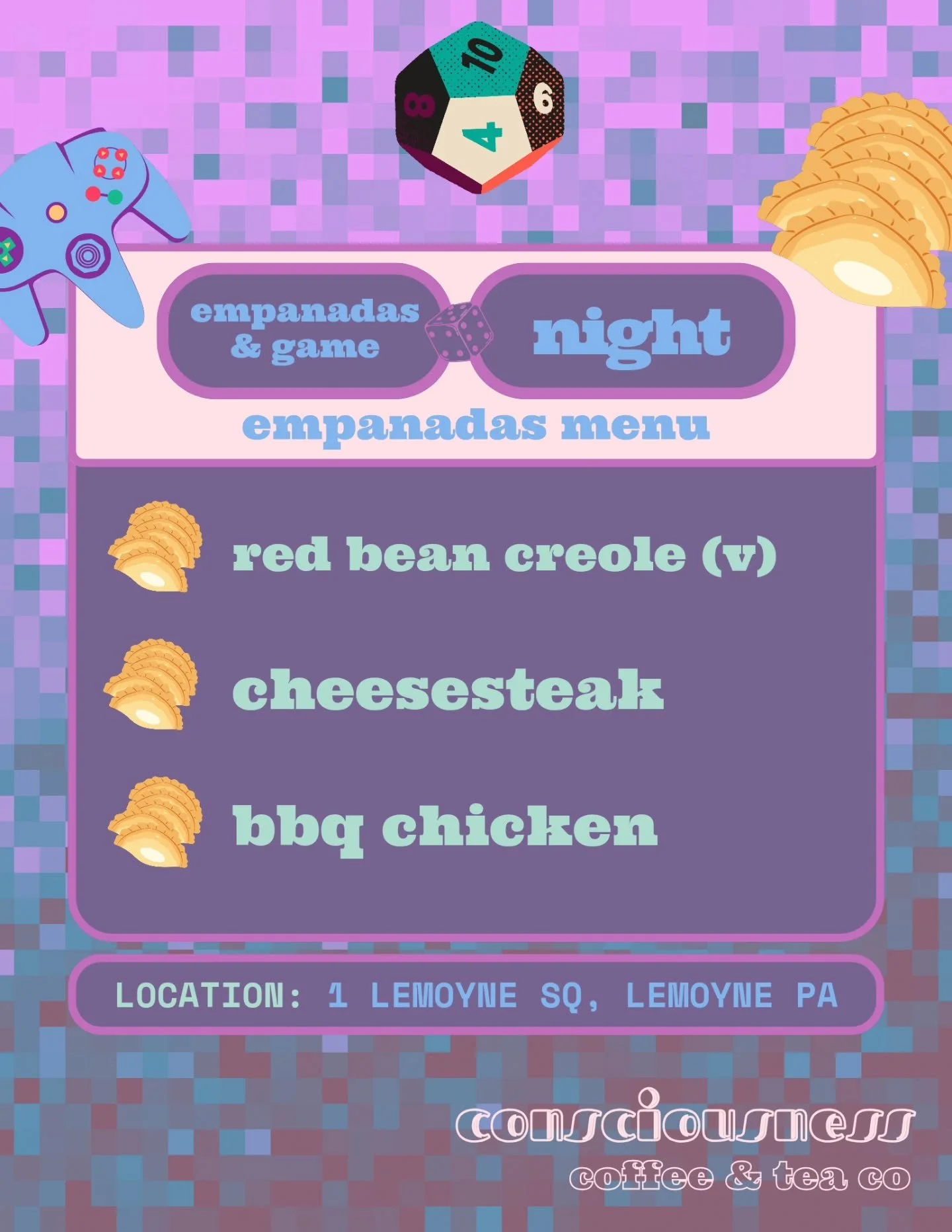 nightlife 🌙

empanadas &amp; game night is back Wednesday with a fresh new menu from Chef Eli 🥟

we'll have a host of free-to-play ttgs from Lazarus Games &amp; console games from Kelly at Retro &amp; Rad 🎲🎮

the cafe will be open &amp; as always