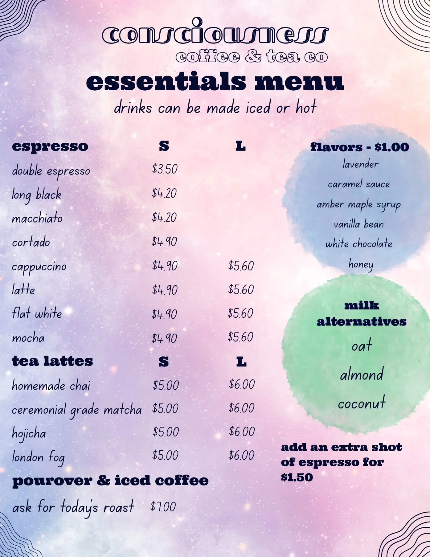 spring cleaning 💚☕️

here's our updated menu! 👀

biggest changes:
✨️ ordering infusions is now easier &amp; we added some new options, like banana bread 🍌

✨️ adding simple flavors now costs less &amp; we added even more to choose from 💚

✨️ we'r