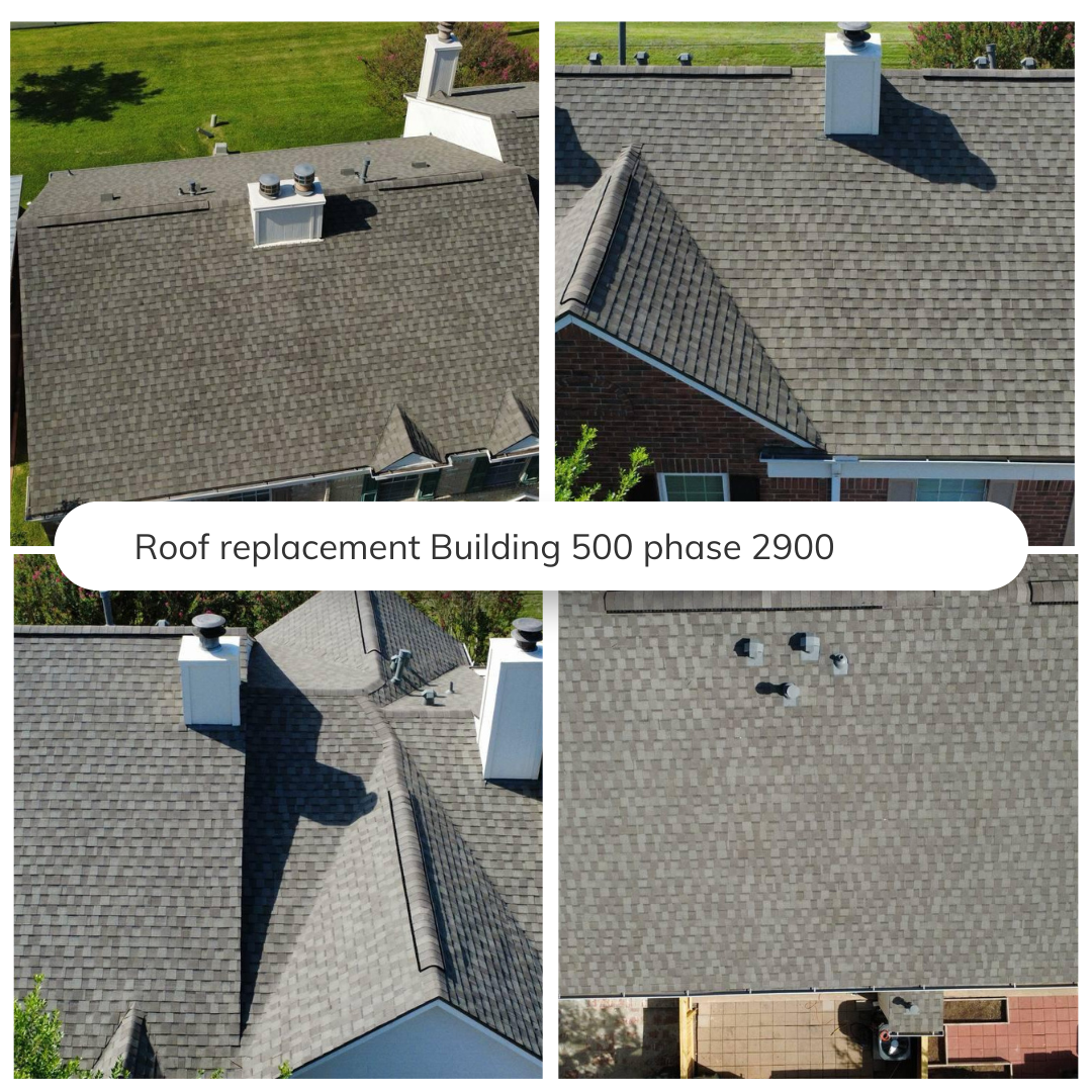 A collage of four aerial images showing different views of a house roof with grey shingles and white chimneys, with green grass and trees in the background.