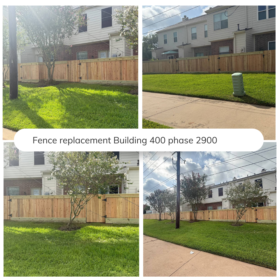 Sequence of four images showing the process of replacing a wooden fence in a residential backyard. The first image shows an existing fence with a tree in front of it. The second image shows the new fence installed with a green utility box in the yard