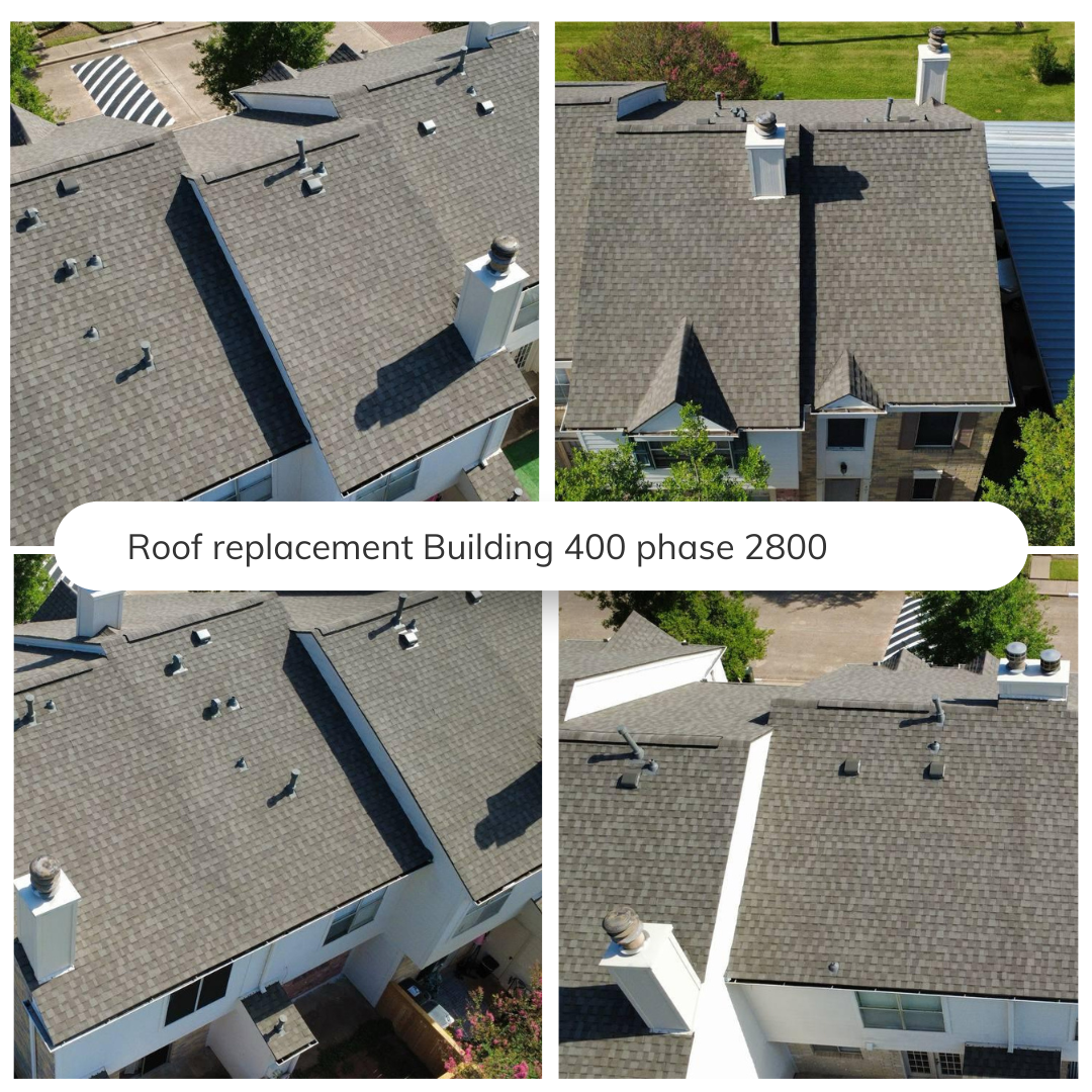 Aerial view of four house rooftops with gray shingles, chimneys, and vents, showing different angles and surrounding greenery.