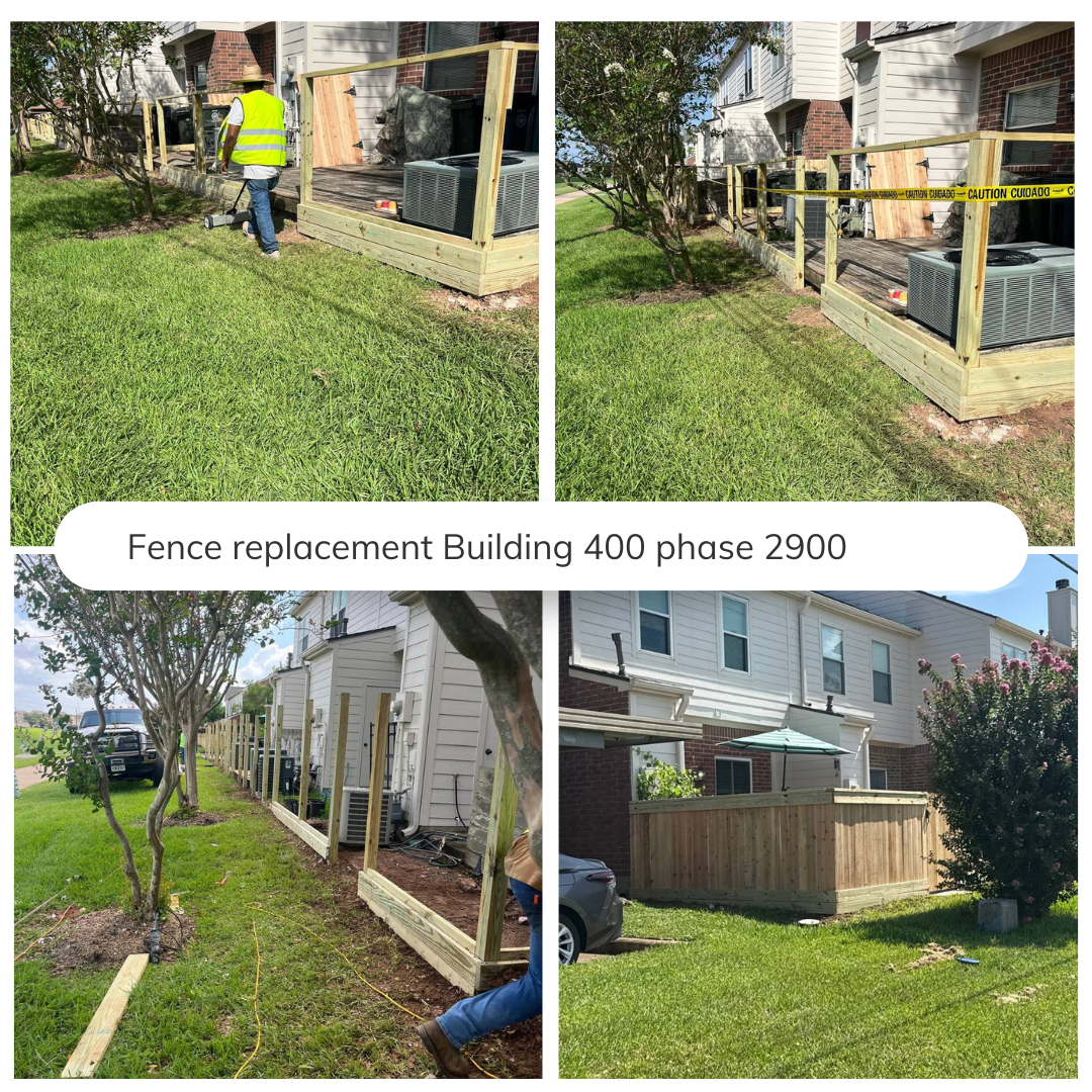 Collage of four photos showing a fence replacement project around a house's backyard. The images depict workers assembling the new wooden fence, with caution tape on the deck, and completed sections of the new fence.