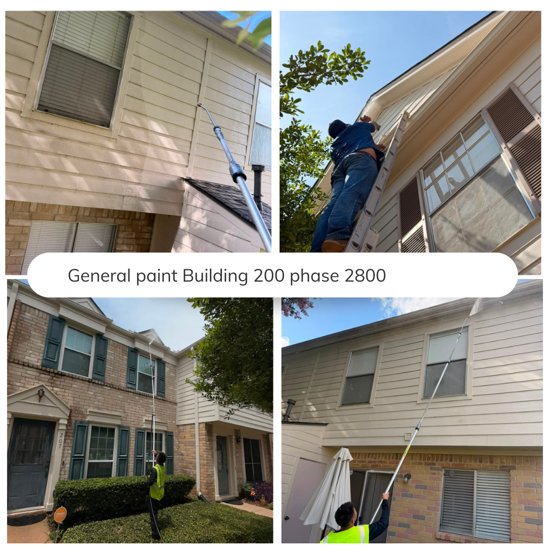 Four images showing the process of painting building exteriors. The first image shows a close-up of a house exterior with a pressure washer. The second shows a worker on a ladder cleaning the upper part of a house siding. The third shows a person wit
