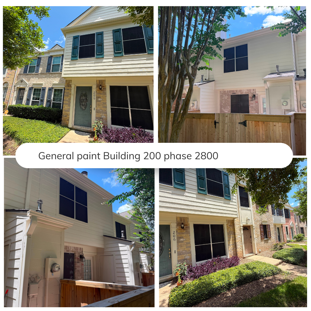 Four images of a residential house showing exterior paint. Top left and bottom right images depict a house with light beige siding, brick accents, and dark green shutters. Top right and bottom left images show the same house from different angles, fe