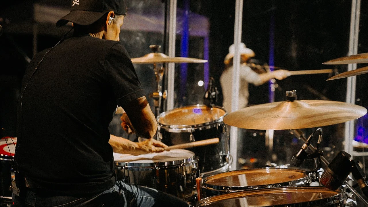 The back of Rodney Atkins Drummer Kevin Rapillo while playing at the Summit County Fairgrounds in Coalville, Utah.