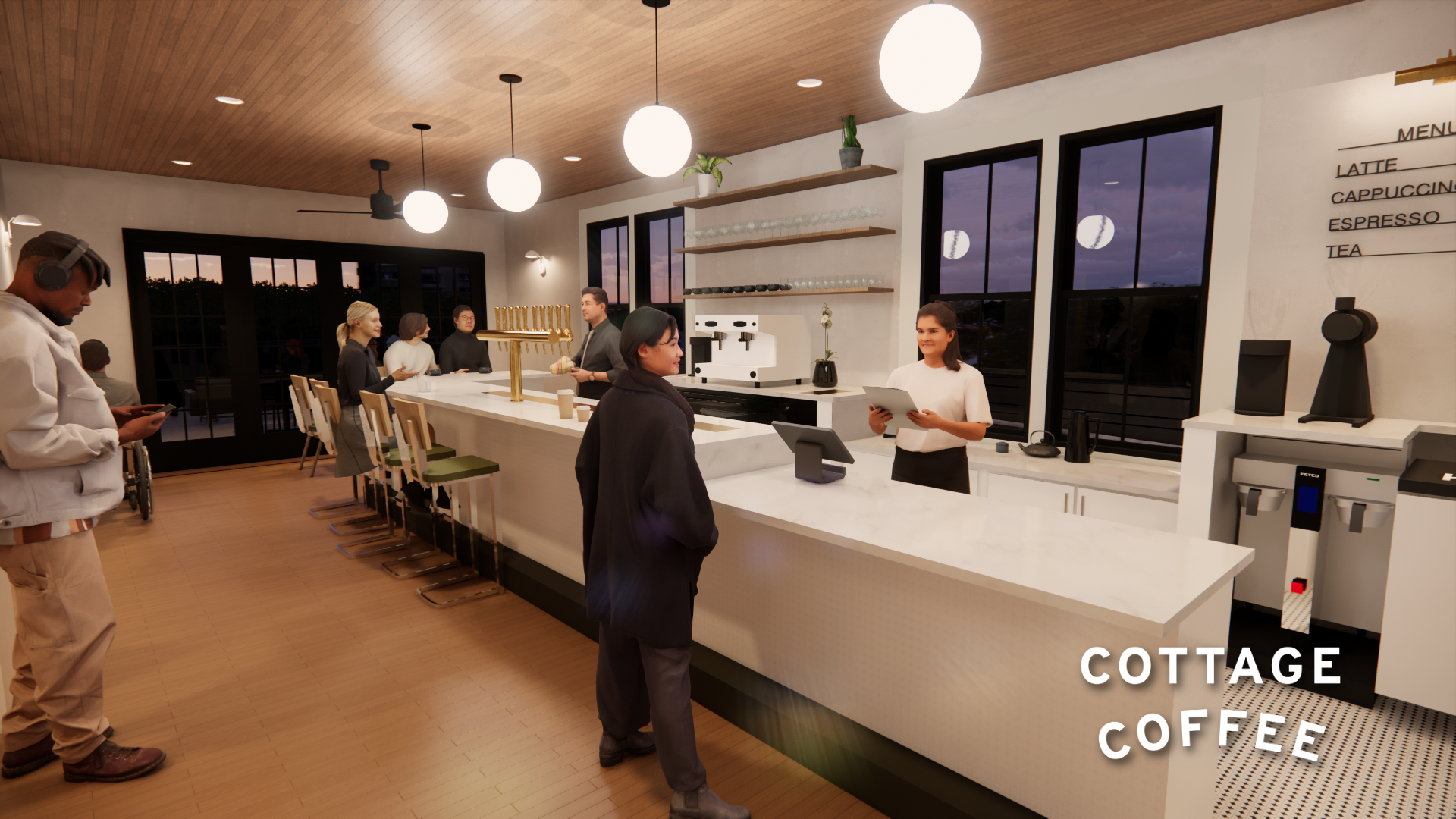 Rendering of Cottage Coffee concept at the Flowers Cottage at night, Dix Park, Raleigh, NC