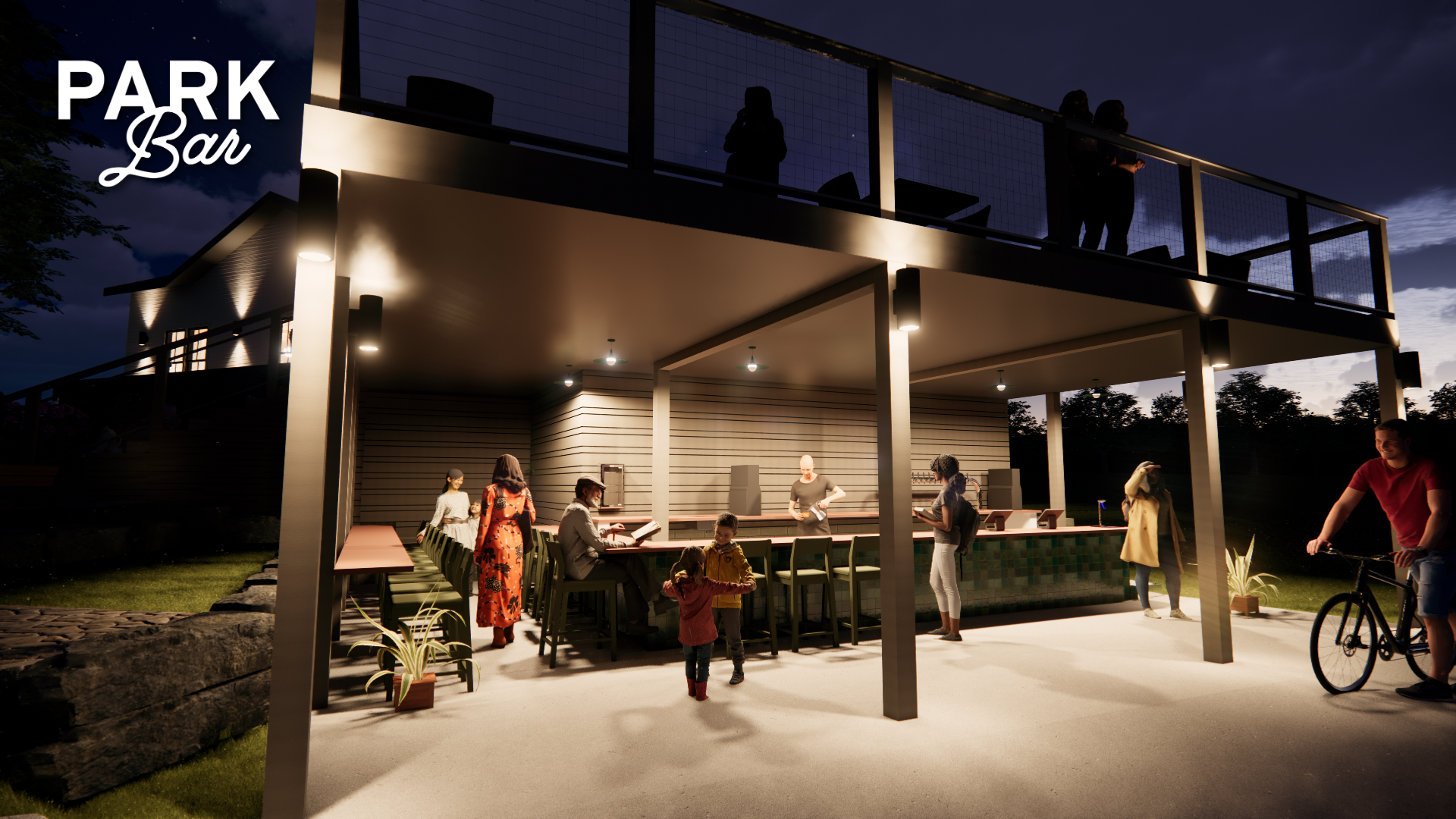 Rendering of Park Bar concept at the Flowers Cottage at night, Dix Park, Raleigh, NC