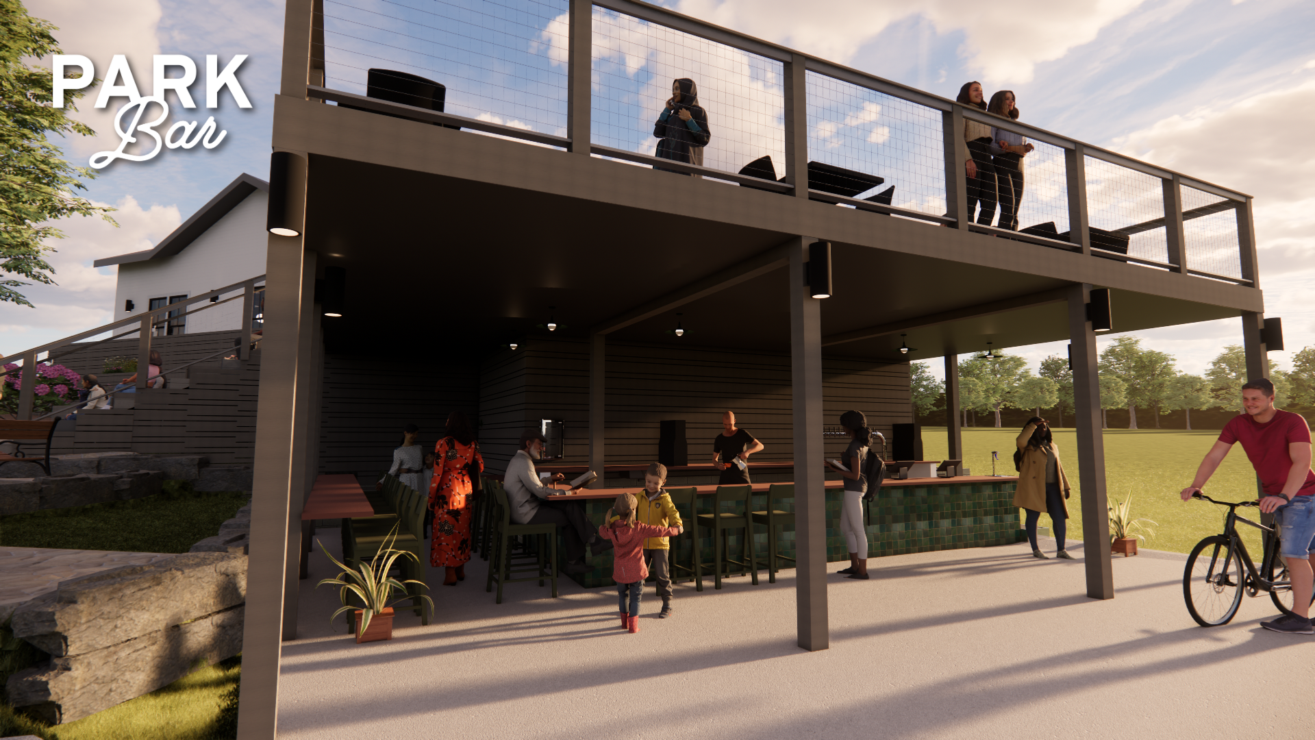 Rendering of Park Bar concept at the Flowers Cottage in the day, Dix Park, Raleigh, NC