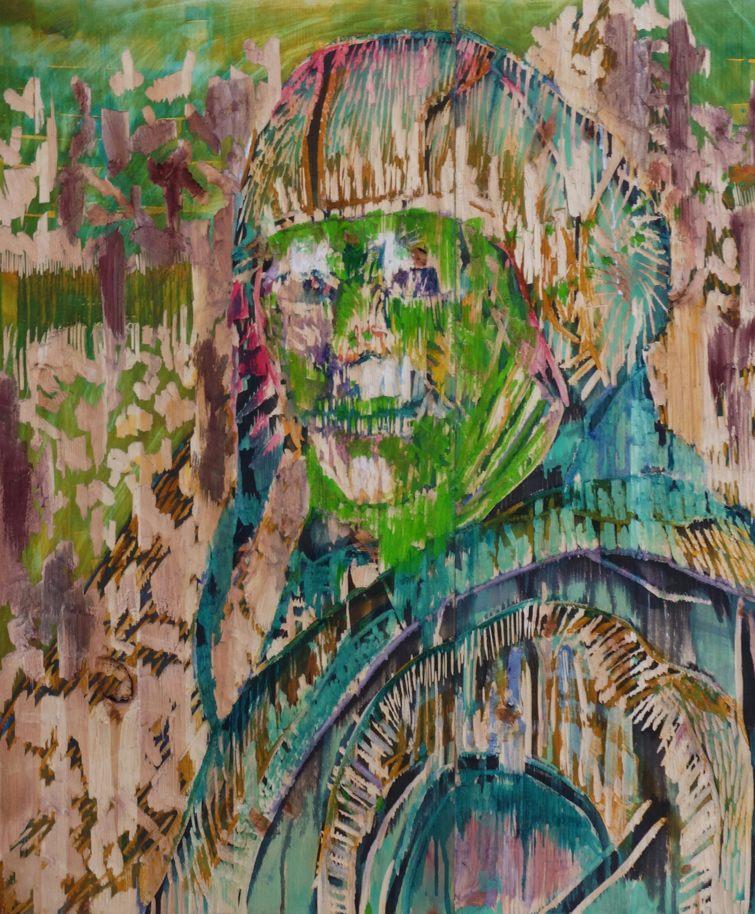 Pilot, 2014, maalaus ja kaiverrus puulle / painting and carving on wood, 80 x 80 cm
Photo: Jussi Tiainen