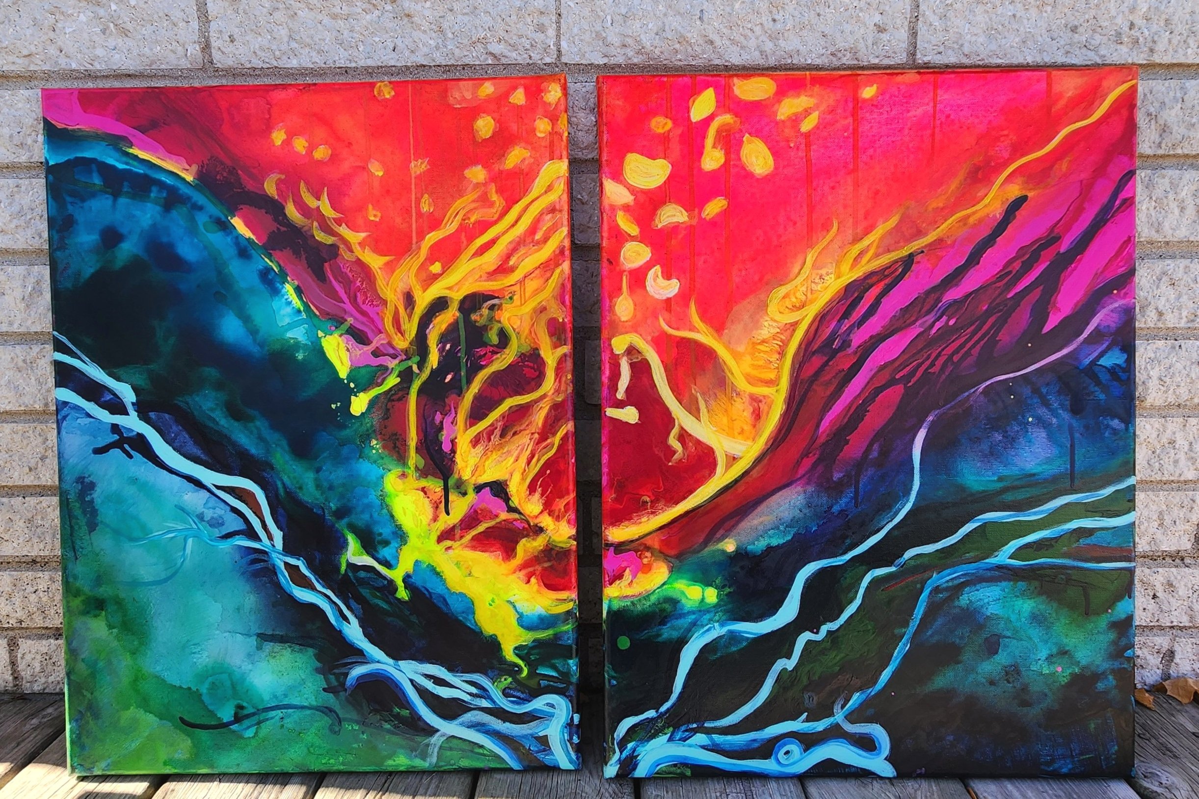  Awakening: A vibrant, multi-colored diptych on canvas