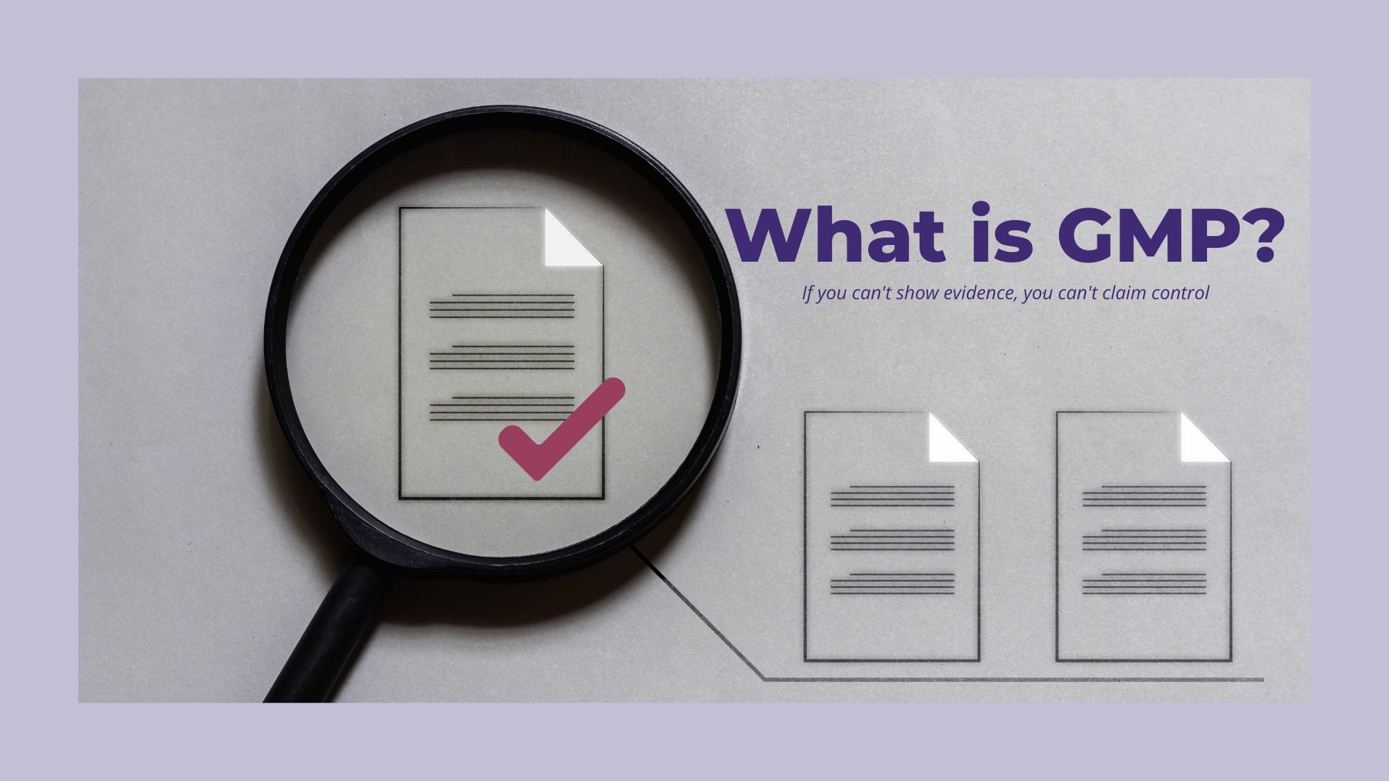 A magnifying glass examining a document with a pink tick, alongside supporting document icons. Text reads: What is GMP? If you can't show evidence, you can't claim control.