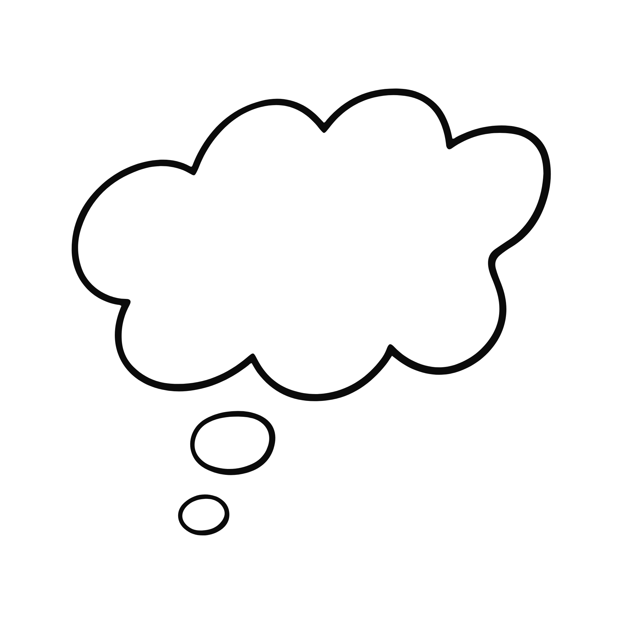 Cartoon thought bubble with multiple circles leading to it, outlined in black and white.