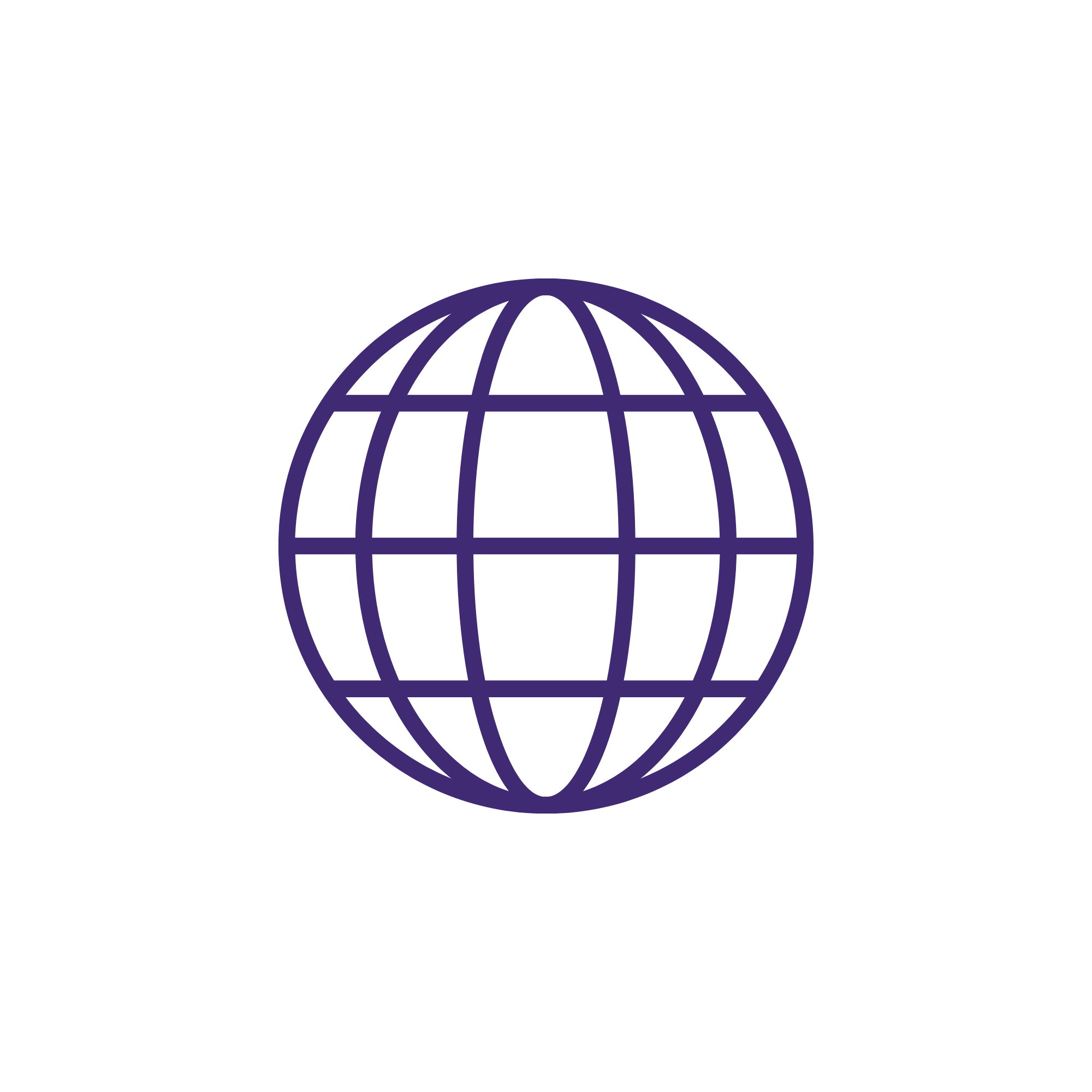 Stylized image of a globe with a grid pattern in purple, over a black background.