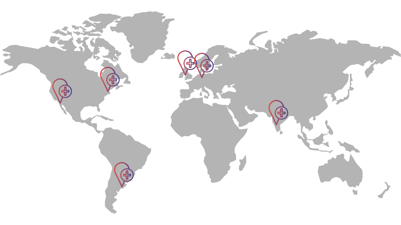 World map with location markers in North America, Europe, Middle East, South America, and Australia, each showing a purple medical cross inside a circle and pink location pin outline.