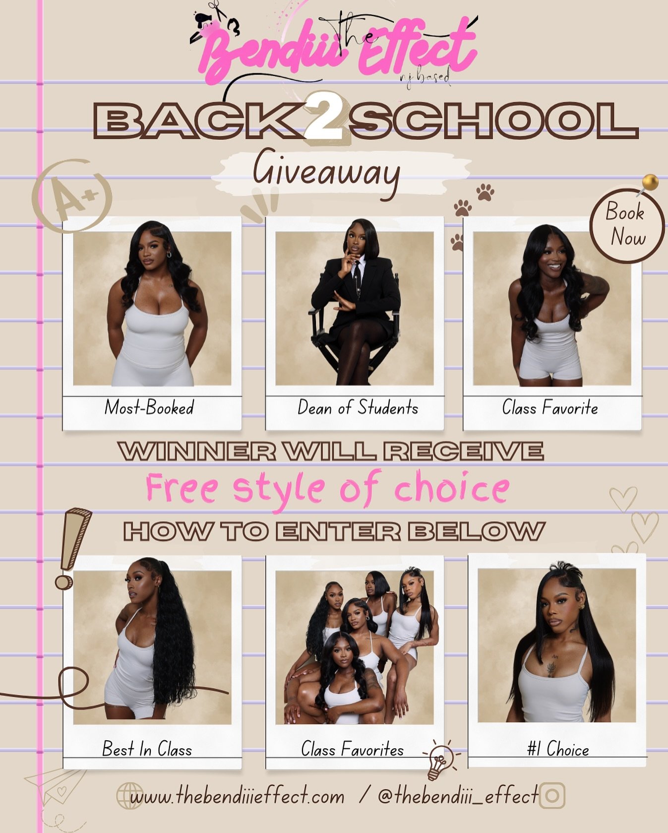 ✨ BACK2SLAY GIVEAWAY ✨
It&rsquo;s time to go back-to-school in STYLE 🖤

We&rsquo;re blessing THREE winners this year:
🥇 1st Place &ndash; Premium BACK2SLAY Hairstyle of choice + Exclusive TheBendiiiEffect Gift. 💇🏽&zwj;♀️
🥈 2nd Place &ndash; 50% 
