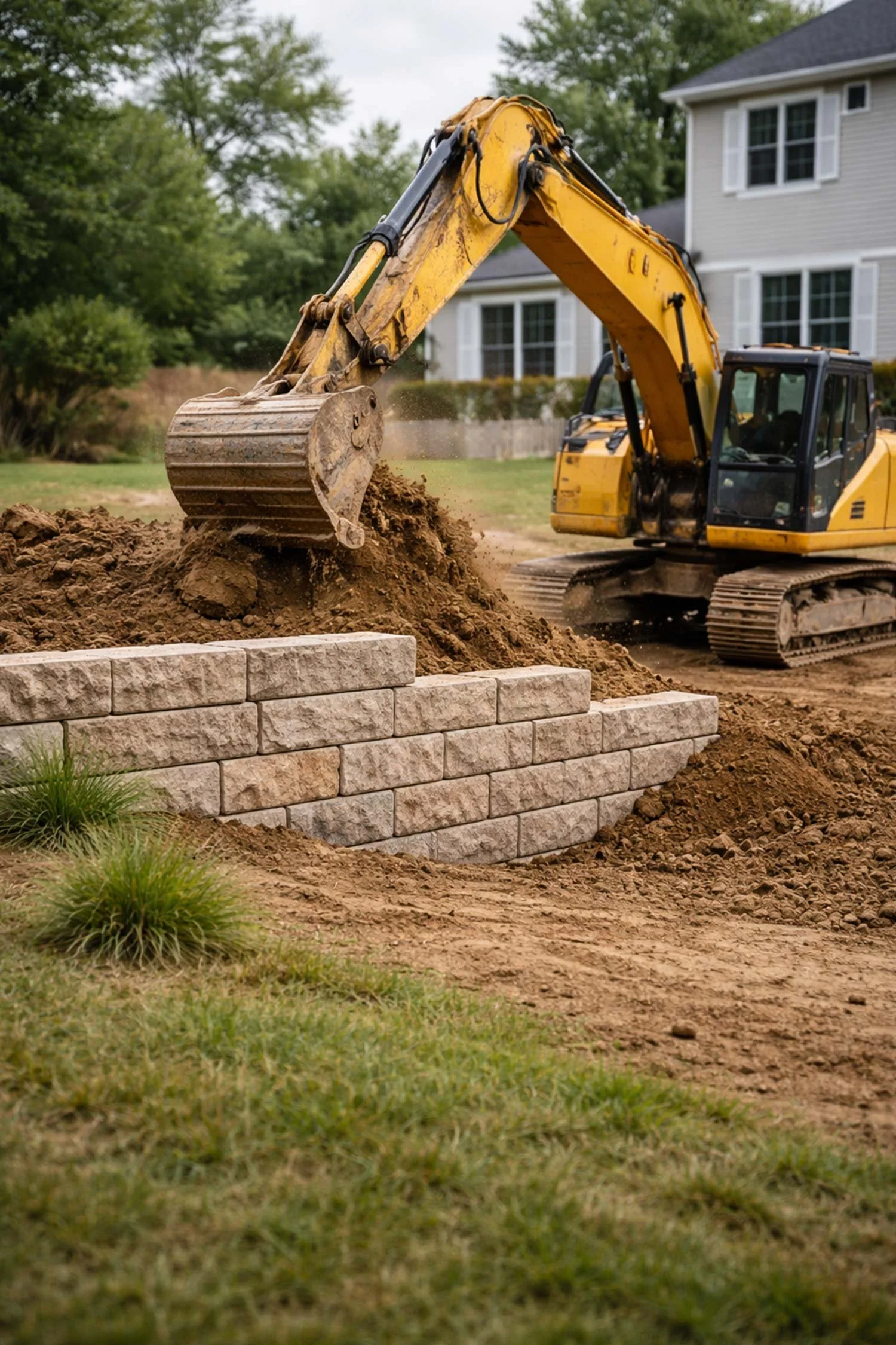 A yellow excavator digging soil and moving dirt near a residential house with trees in the background.