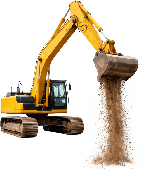 Yellow excavator digging dirt and dropping it onto the ground