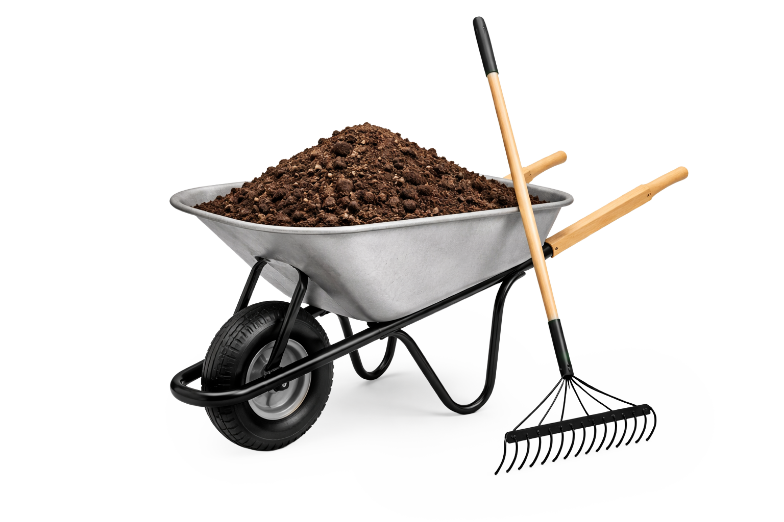 Wheelbarrow filled with soil, gardening rake, and shovel isolated on white background.