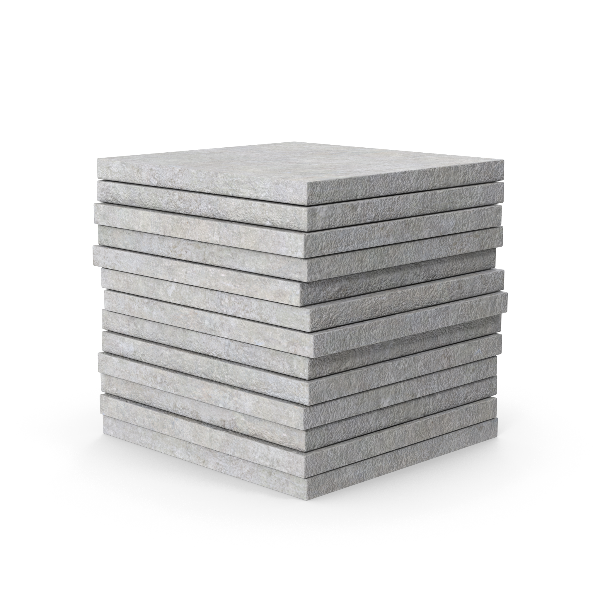 Stack of seven gray concrete paving stones with rough textured surface, placed on a reflective black surface.