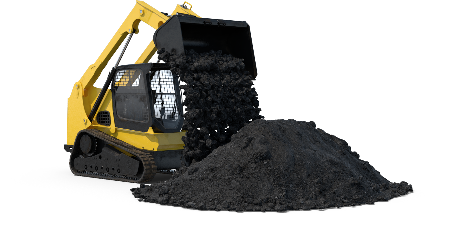 A yellow compact excavator with black tracks is scooping black dirt or gravel into a pile.