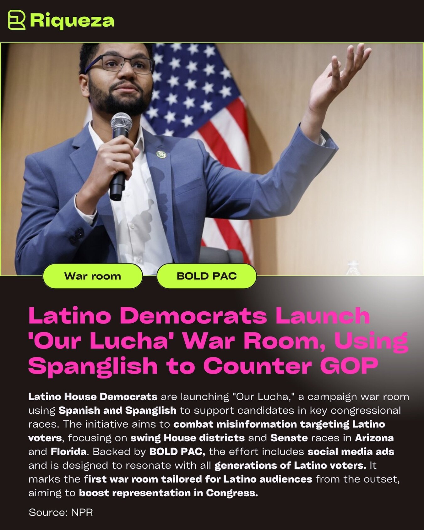 🚨 Get ready to fight misinformation with &lsquo;Our Lucha&rsquo; War Room! 

🌟 Join us in supporting Latino candidates in key congressional races using Spanglish to counter the GOP. 

Share this post and drop a comment with your thoughts 💭