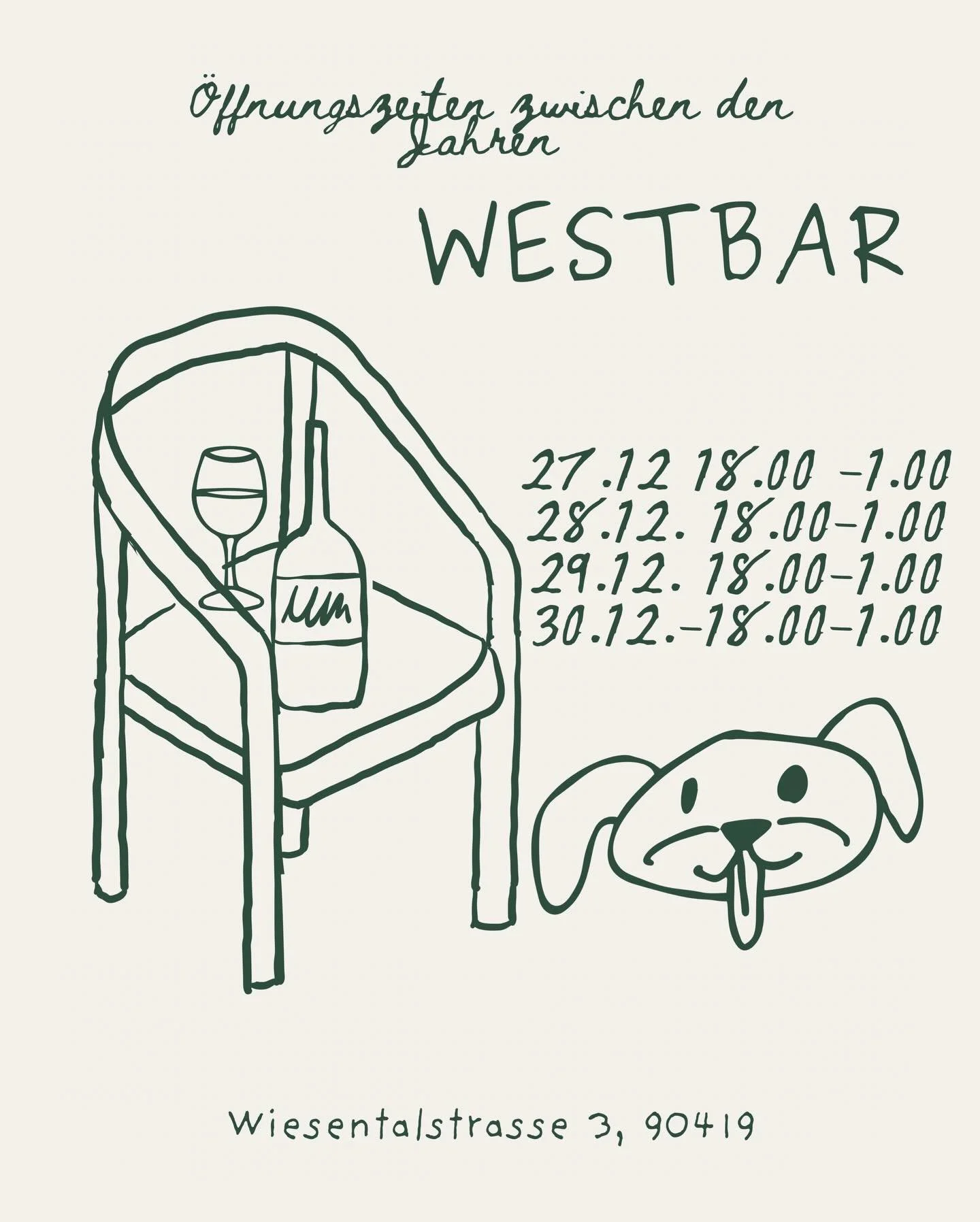 ✨ Unsere &Ouml;ffnungszeiten zwischen den Jahren ✨

27.12. &bull; 18:00 &ndash; 01:00
28.12. &bull; 18:00 &ndash; 01:00
29.12. &bull; 18:00 &ndash; 01:00
30.12. &bull; 18:00 &ndash; 01:00

🎉 An Silvester haben wir eine geschlossene Gesellschaft.

Im