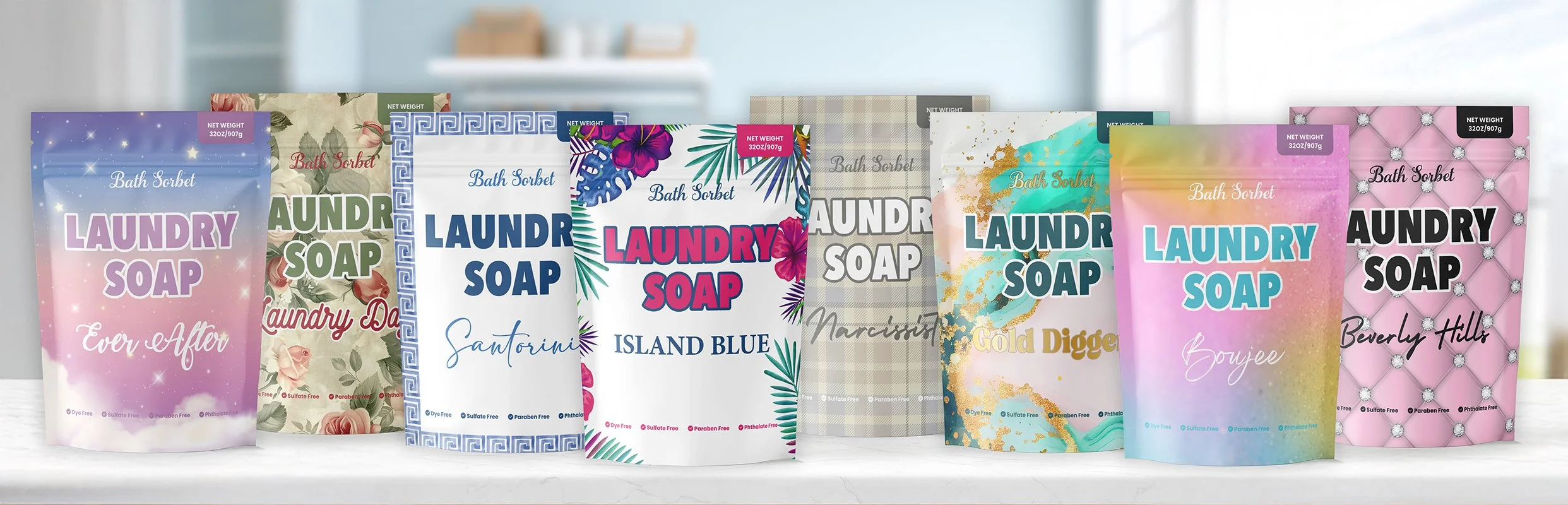 Eight packages of laundry soaps with different colorful designs