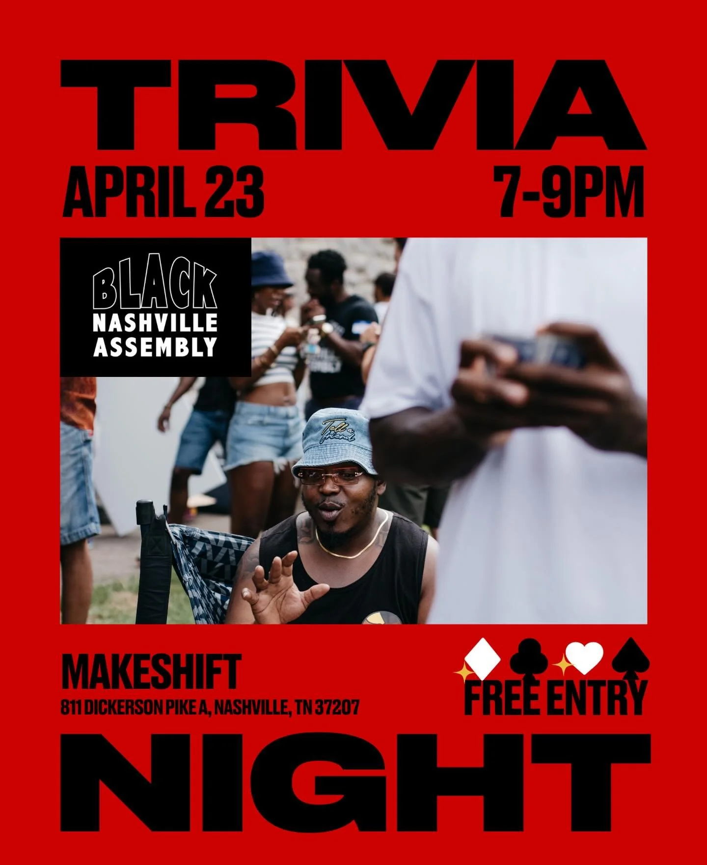 Pull up to Trivia Night with the Black Nashville Assembly.

Join us from 7-9 PM on Thursday, April 23rd for a fun, lighthearted game night testing your knowledge of Black culture and iconic moments. Bring a friend and see who really knows the culture