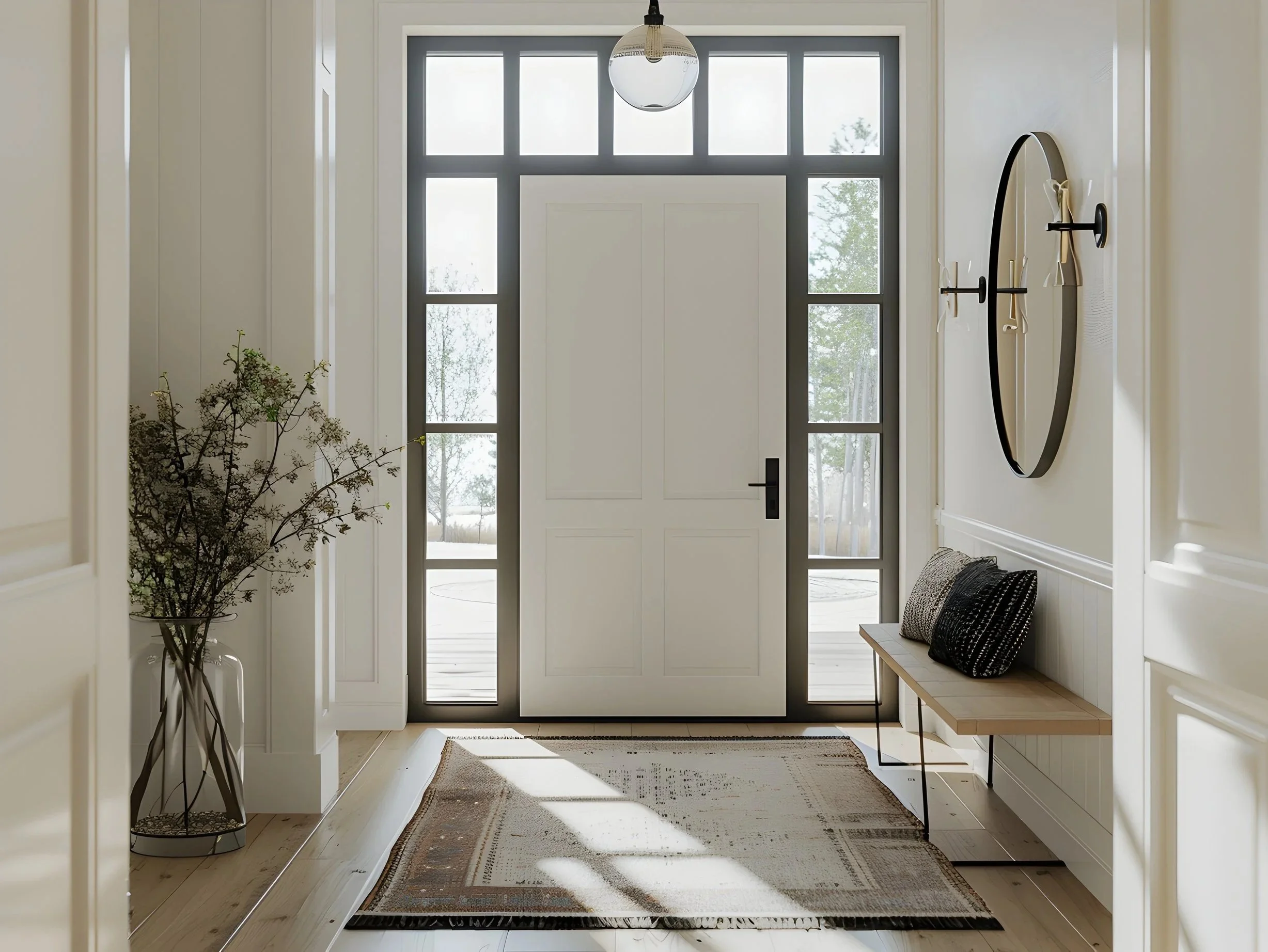 Bright entryway with white double doors, sidelight windows, a hanging light fixture, a bench with decorative pillows, a round mirror, and a large vase with branches.