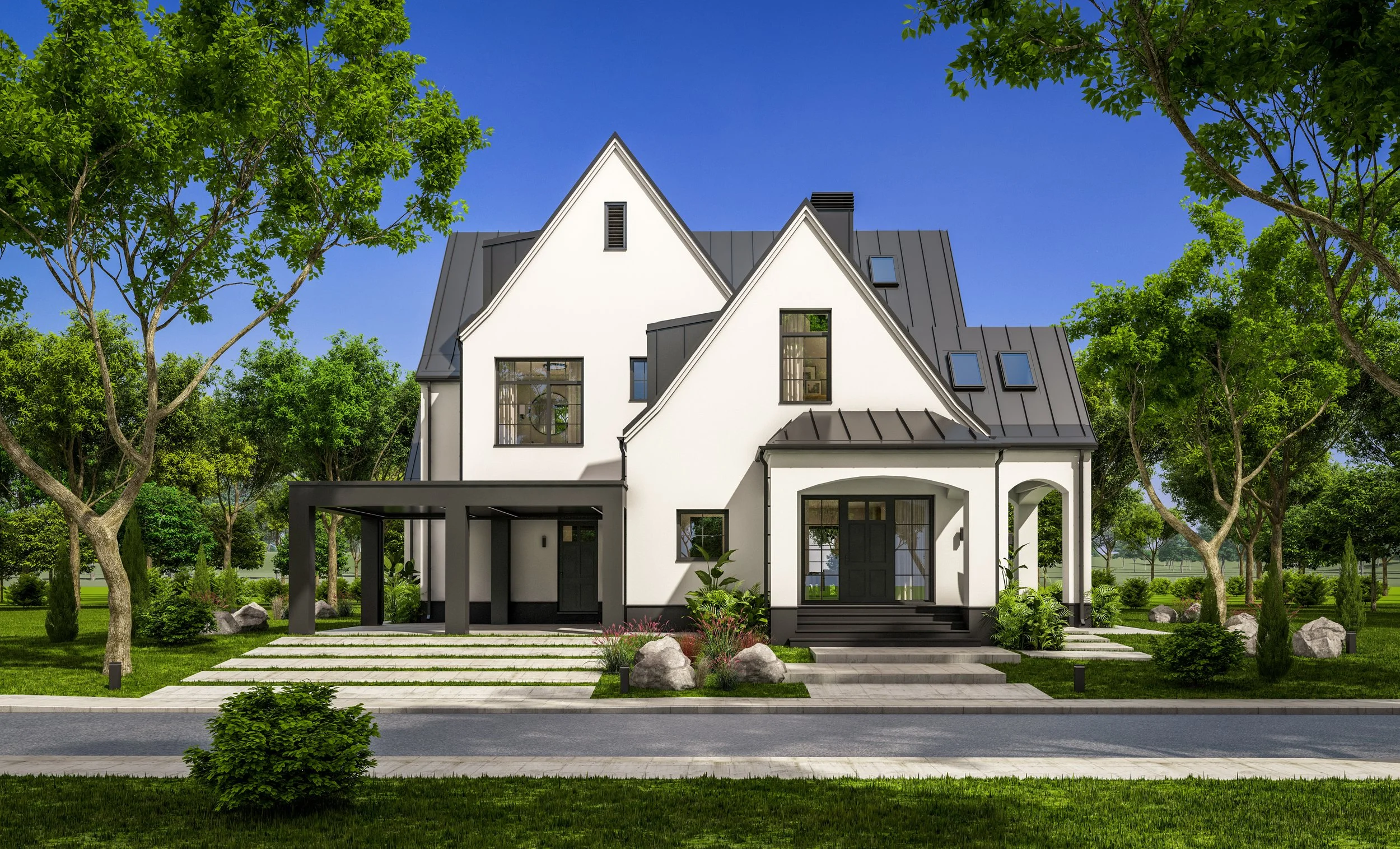 Modern white house with black accents, surrounded by green trees and grass, under a bright blue sky.