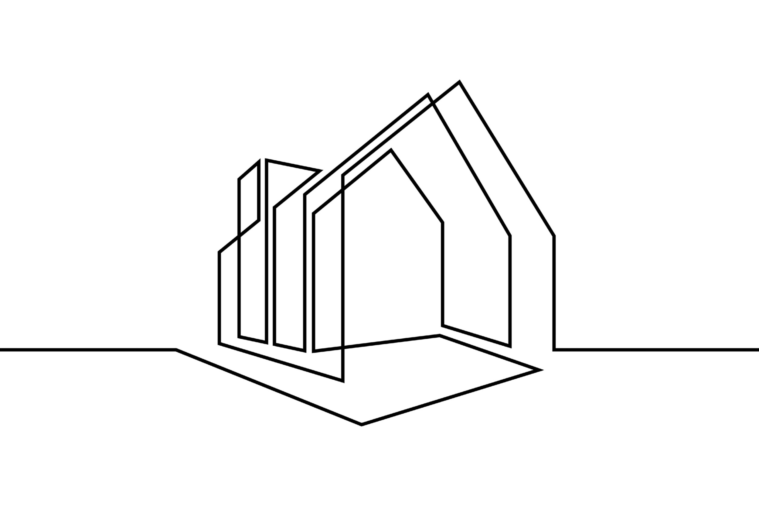 Line drawing of a modern house with large windows and a pitched roof, viewed from an angle.