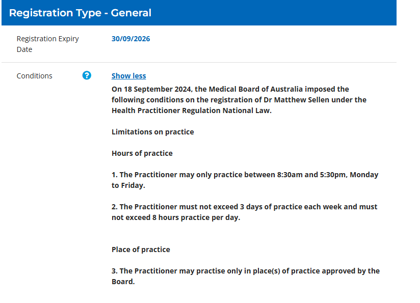  Conditions of Dr Sellen’s Practice. Source: AHPRA 