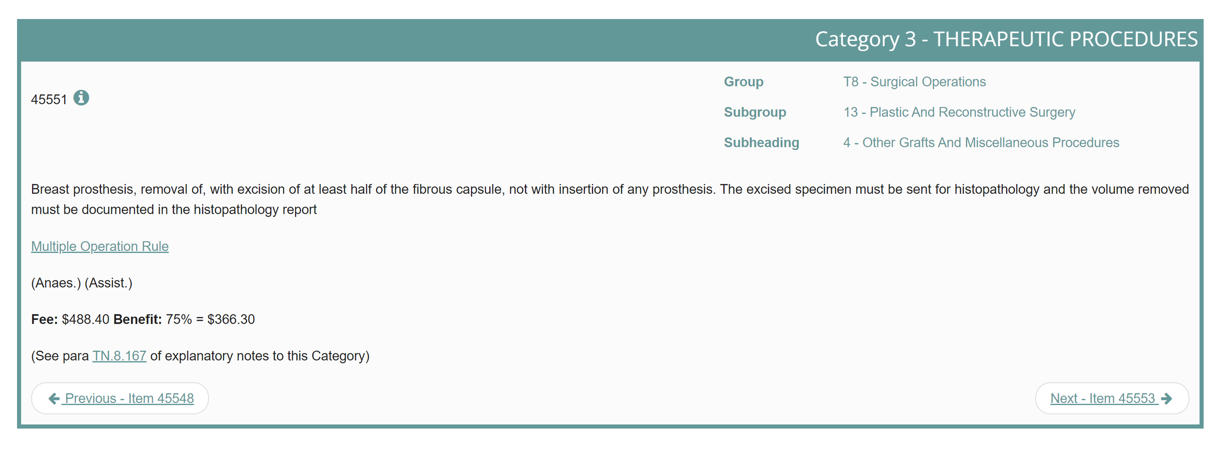 Screenshot of the medicare code 45551 - removal of breast prosthesis