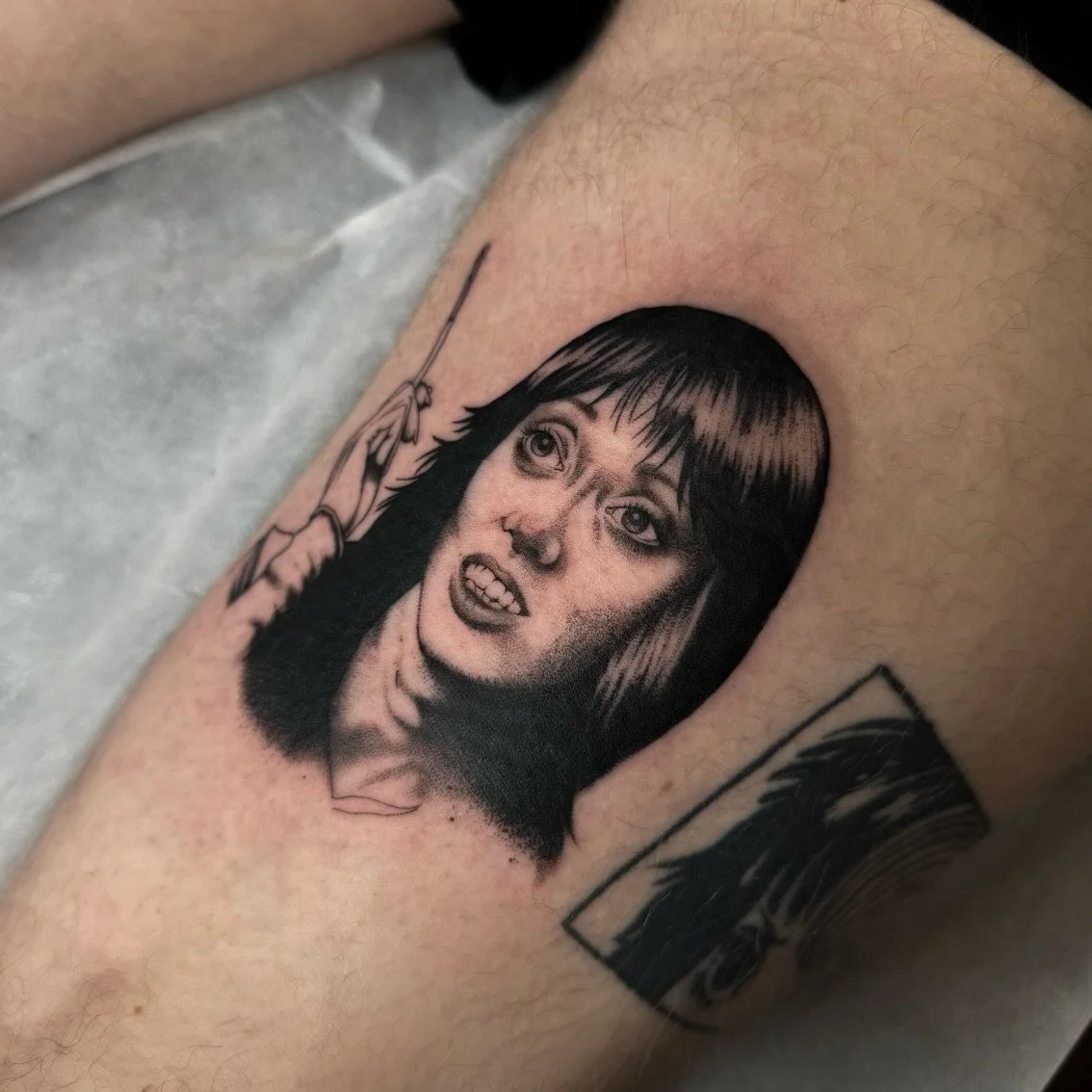 Something different than my usual stuff (playing around with a more realistic&hellip;ish style lol)! Wendy Torrance with her iconic long ass cigarette. Tattooed this back in March on the back @whitakerrrrr &lsquo;s thigh. ❤️&zwj;🔥

Thanks for lookin