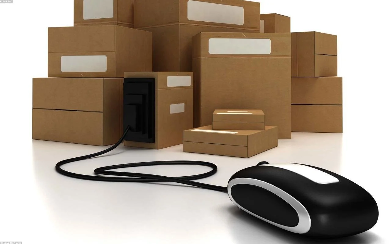 A computer mouse connected to a power strip with several cardboard boxes stacked behind.