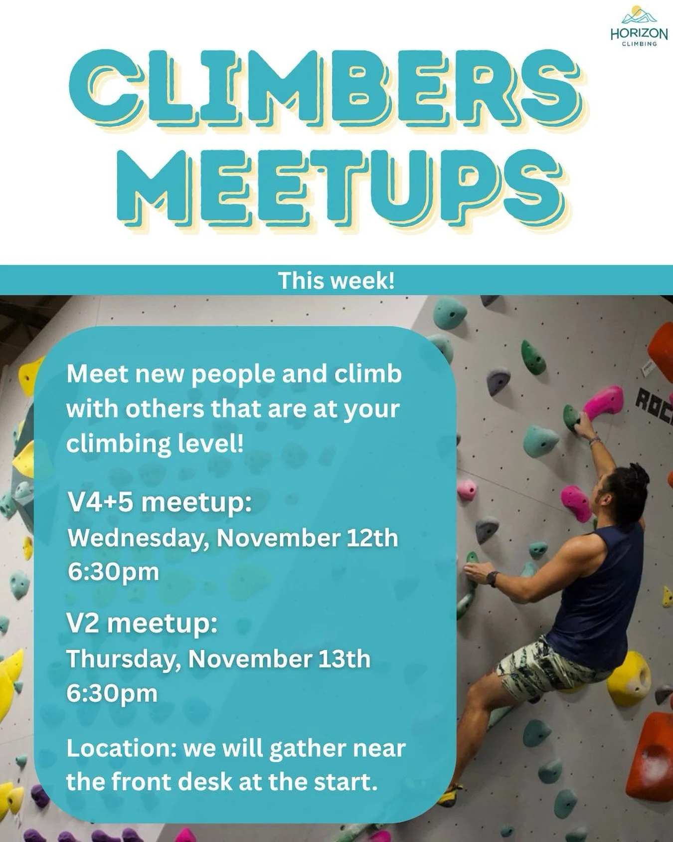 Work on some boulders and meet new people! We have two meetups this week, one for V4/5 climbers and one for V2 climbers! 

Can&rsquo;t wait!!

#horizonclimbing #climbhorizon #climbing #climb #rockclimb #boulder #bouldering #champaignil #champaignurba